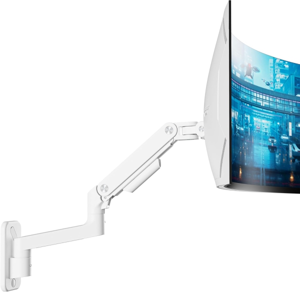 ARES WING Soporte de Pared para Monitor Heavy Duty (Blanco) para 17–49 Pulgadas (Perfecto para Monitores Ultrawide y Curvos. Brazo de Resorte de Gas con Capacidad de Carga de 20 kg)