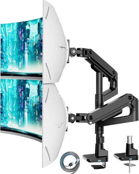 ARES WING Soporte para Doble Monitor 2 Monitores de 17-49 Pulgadas (Máx. 20 kg/Brazo) – Apilados y Lado a Lado, Puertos USB A/C, Resorte de Gas – VESA 75/100 (Brazo de monitor doble Heavy Duty: 20 kg de capacidad de carga por brazo, hub USB integrado y montaje desde arriba (Top-Side).)