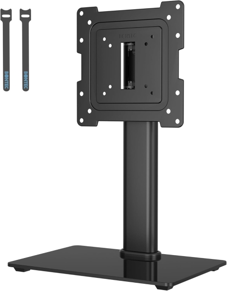 BONTEC Soporte de TV y Monitor para 17–43 Pulgadas (Giratorio y Ajustable en Altura) (Soporte de mesa robusto con base de vidrio para dispositivos de hasta 45 kg – VESA máx. 200x200 mm)