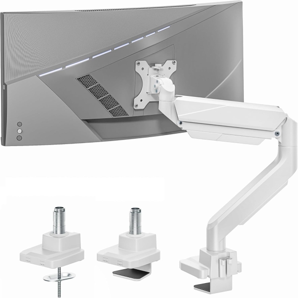Brazo para monitor ARES WING Blanco 17–49" | hasta 18 kg (Soporte Ergonómico con Resorte de Gas para Pantallas Ultrawide y Curvas – VESA 75/100.)