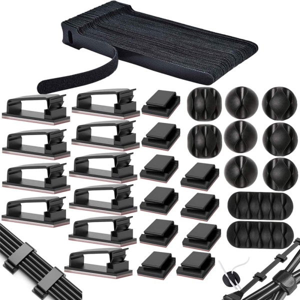 MiuCo Kit de Gestión de Cables para Escritorio (100 Piezas) – El Organizador Definitivo (Set completo con 50 bridas de velcro, 40 clips y 10 soportes de silicona – Autoadhesivo y sin residuos.)