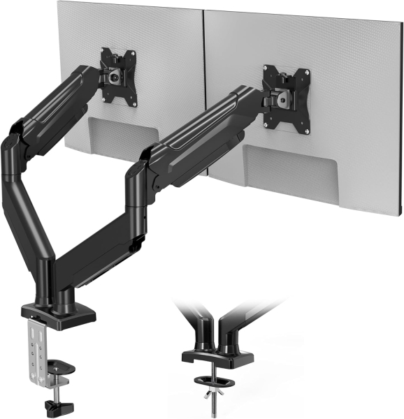 Soporte para monitor BONTEC para 2 monitores de 13-32 pulgadas, soporte ergonómico con brazo de resorte de gas, soporta 3-9 kg con gestión de cables, inclinable, giratorio, VESA 75/100 mm.