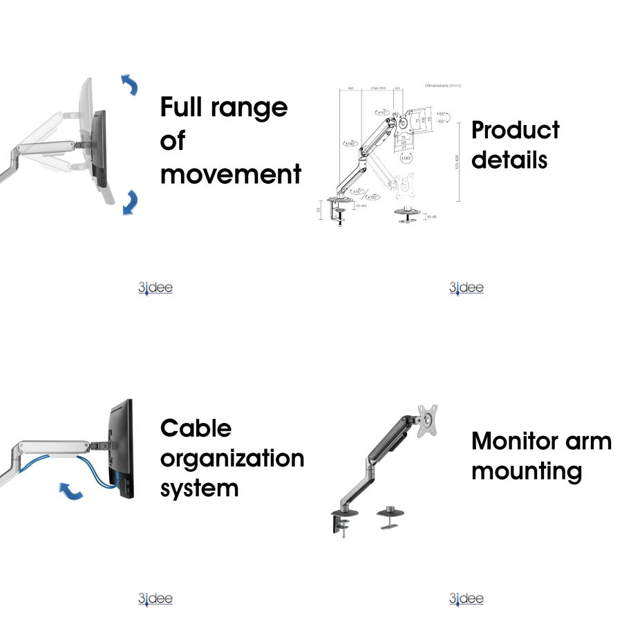 3IDEE Flexi-Lite Soporte 1 monitor para pantallas de 17-32", diseño moderno, totalmente móvil y ajustable