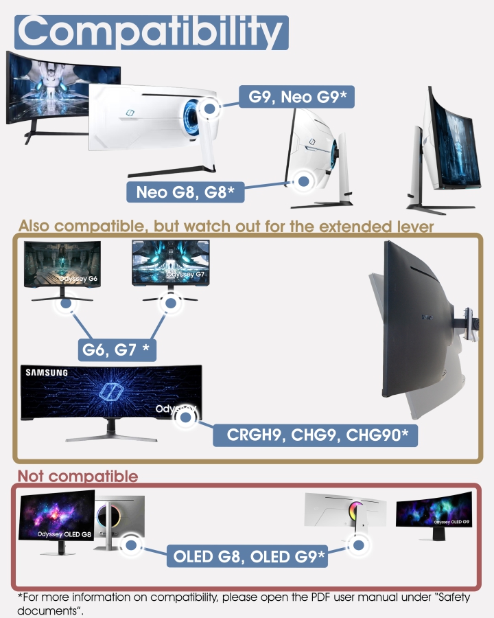Adaptador VESA compatible con monitor Samsung Odyssey (G9, Neo G9, G8, Neo G8, CRG9, CHG9, CHG90 y más) - 100x100mm
