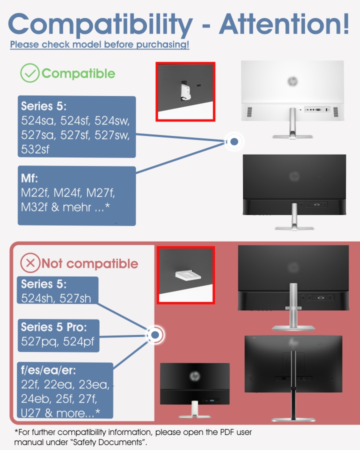 Adaptador VESA compatible con monitores HP (M22f, M24f, M24fd, M24fw, M27f, M27fe, M27fd, M27fq, M27fw, M32f, M32fw, 524sa, 524sf, 524sw, 527, 527sa, 527sf, 527sw, 532, 532 sf)