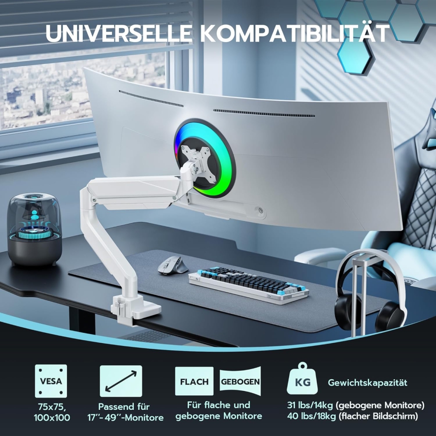 ARES WING Brazo de Monitor Gaming Ultrarresistente Blanco para 17-49 Pulgadas (Máx. 18 kg) (Soporte Ergonómico con Resorte de Gas para Pantallas Ultrawide y Curvas – VESA 75/100.)