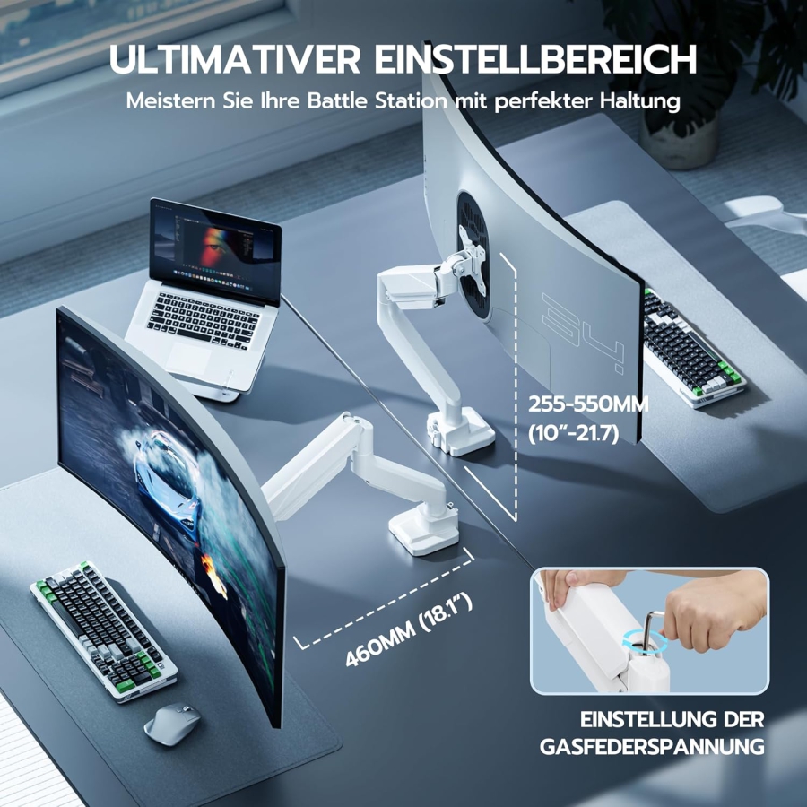 ARES WING Brazo de Monitor Gaming Ultrarresistente Blanco para 17-49 Pulgadas (Máx. 18 kg) (Soporte Ergonómico con Resorte de Gas para Pantallas Ultrawide y Curvas – VESA 75/100.)