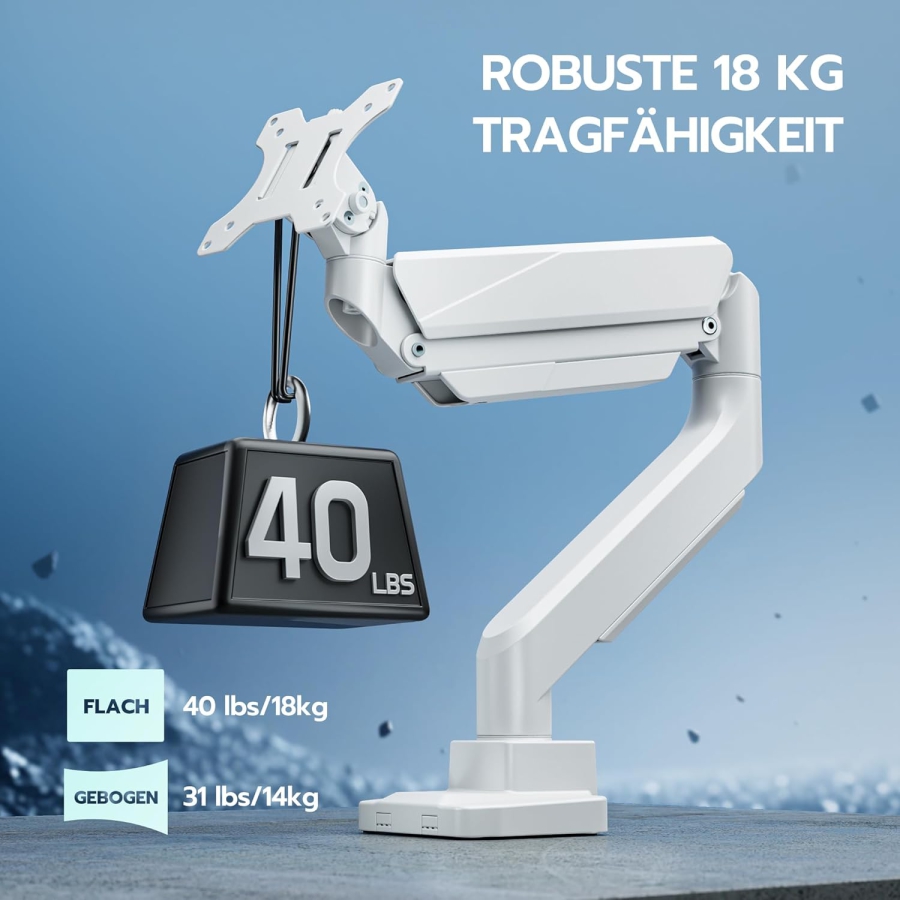 ARES WING Brazo de Monitor Gaming Ultrarresistente Blanco para 17-49 Pulgadas (Máx. 18 kg) (Soporte Ergonómico con Resorte de Gas para Pantallas Ultrawide y Curvas – VESA 75/100.)