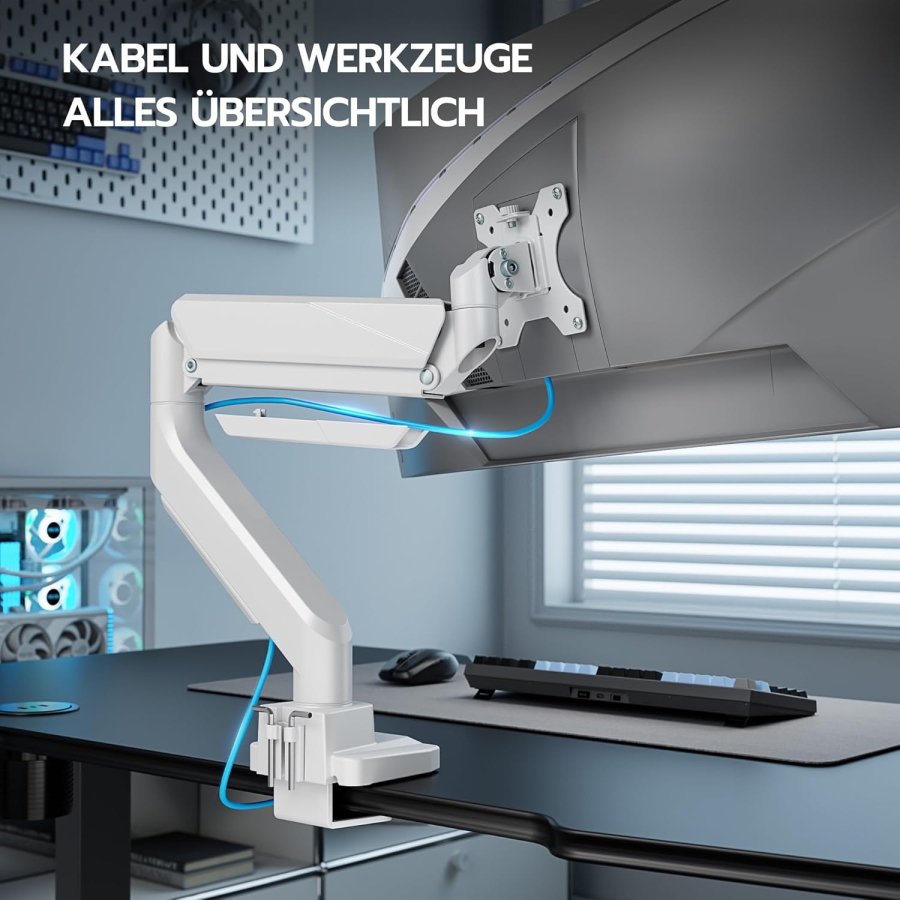 ARES WING Brazo de Monitor Gaming Ultrarresistente Blanco para 17-49 Pulgadas (Máx. 18 kg) (Soporte Ergonómico con Resorte de Gas para Pantallas Ultrawide y Curvas – VESA 75/100.)