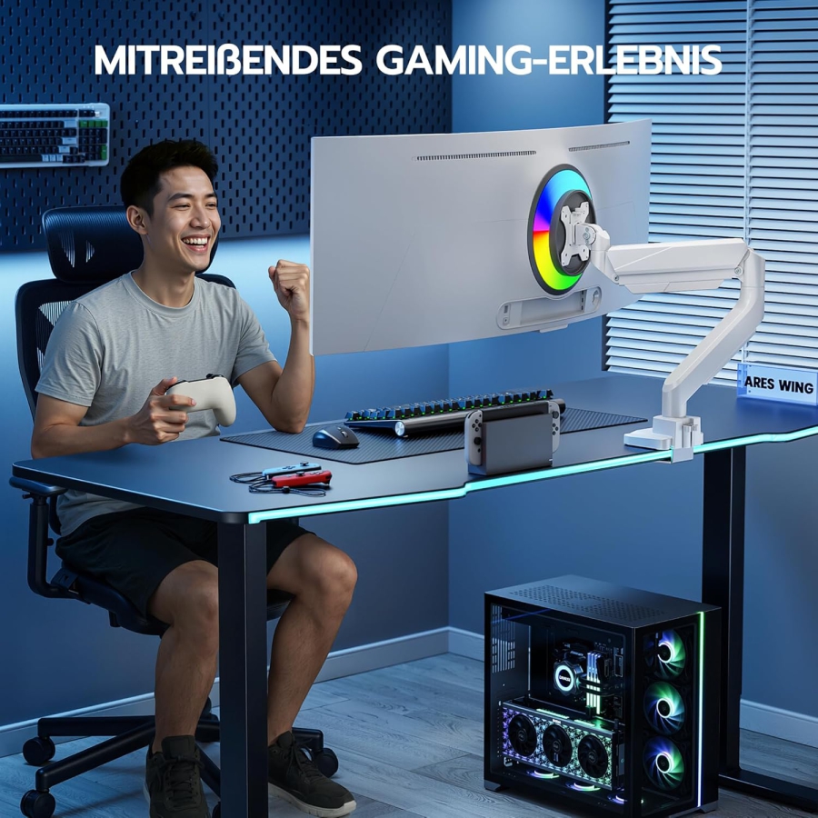 ARES WING Brazo de Monitor Gaming Ultrarresistente Blanco para 17-49 Pulgadas (Máx. 18 kg) (Soporte Ergonómico con Resorte de Gas para Pantallas Ultrawide y Curvas – VESA 75/100.)