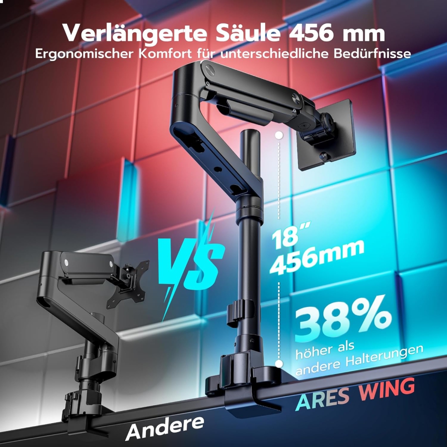 ARES WING Brazo para Monitor Heavy Duty 17-49 Pulgadas (hasta 20 kg) – Resorte de Gas (Columna extra alta y carga de 20 kg para pantallas Ultrawide y curvas.)
