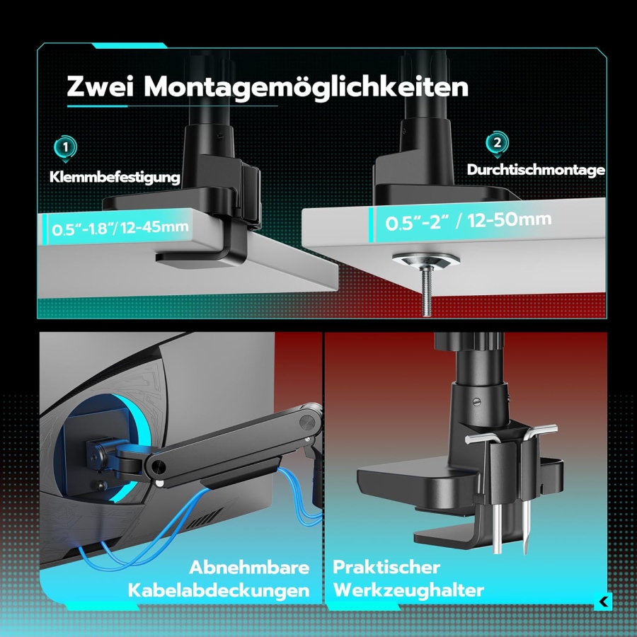 ARES WING Brazo para Monitor Heavy Duty 17-49 Pulgadas (hasta 20 kg) – Resorte de Gas (Columna extra alta y carga de 20 kg para pantallas Ultrawide y curvas.)