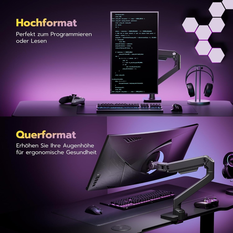 ARES WING Brazo para Monitor Heavy Duty 17-49 Pulgadas (hasta 20 kg) – Resorte de Gas (Columna extra alta y carga de 20 kg para pantallas Ultrawide y curvas.)