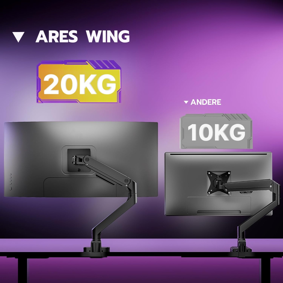 ARES WING Brazo para Monitor Heavy Duty 17-49 Pulgadas (hasta 20 kg) – Resorte de Gas (Columna extra alta y carga de 20 kg para pantallas Ultrawide y curvas.)