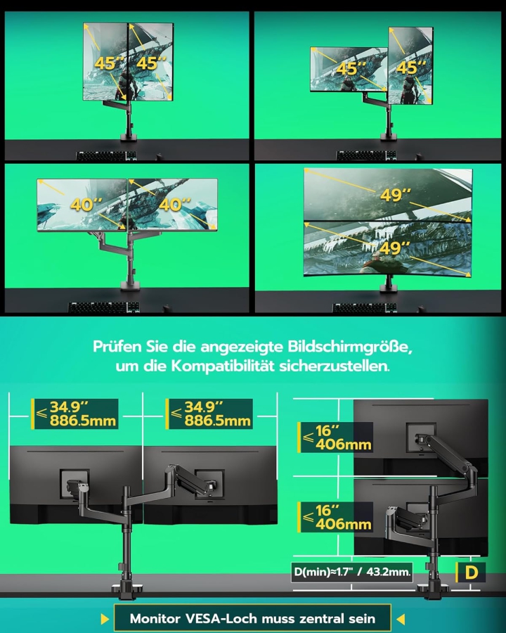 ARES WING Soporte 2 monitores para monitores de 17-49", hasta 20 kg por brazo, carga extrema, para monitores gaming