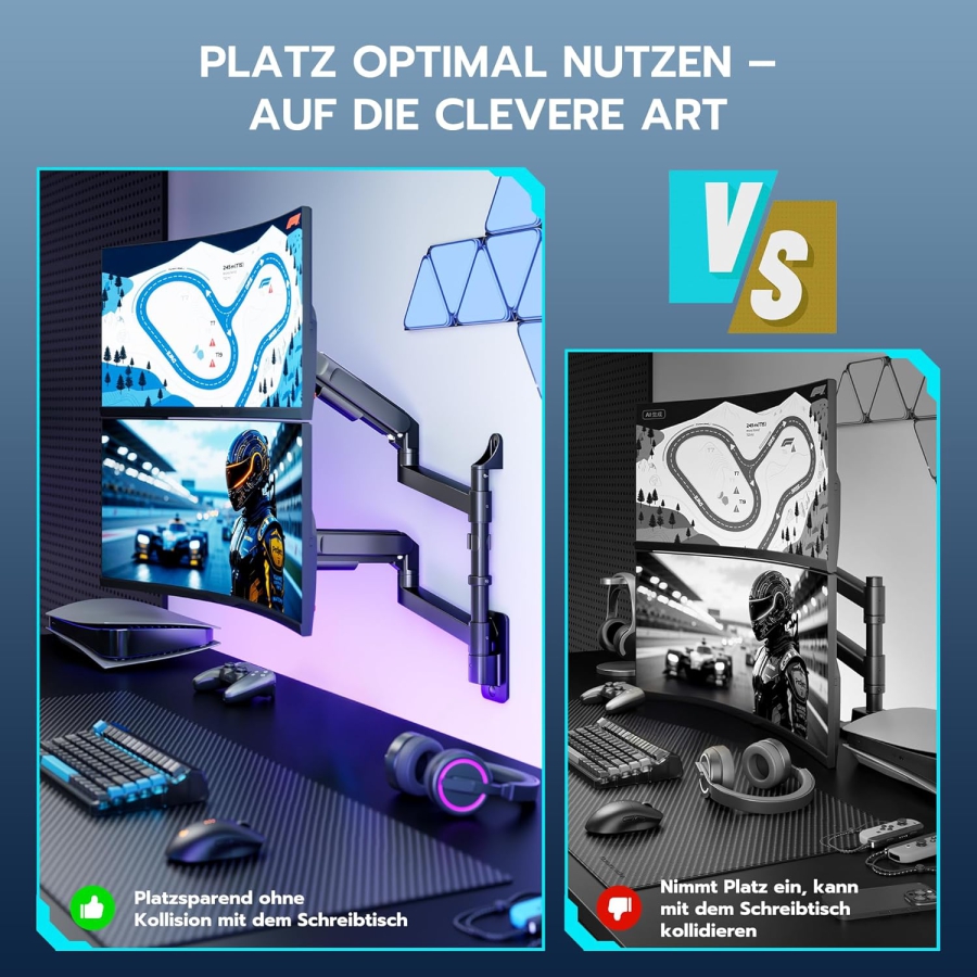 ARES WING Soporte de Pared Doble Monitor 24-57" – Resorte de Gas, 27kg por Brazo, VESA 75/100 (Soporte de pared premium para dos pantallas Ultrawide y curvas: Máxima estabilidad para tu setup de alta gama.)