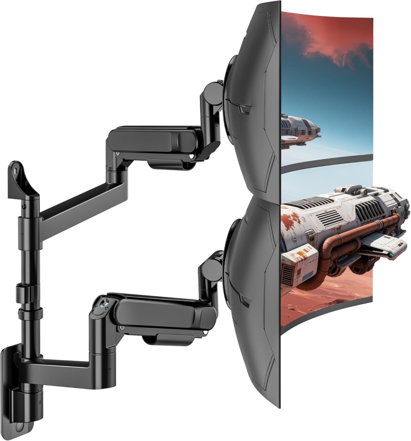 ARES WING Soporte de Pared Doble Monitor 24-57" – Resorte de Gas, 27kg por Brazo, VESA 75/100 (Soporte de pared premium para dos pantallas Ultrawide y curvas: Máxima estabilidad para tu setup de alta gama.)