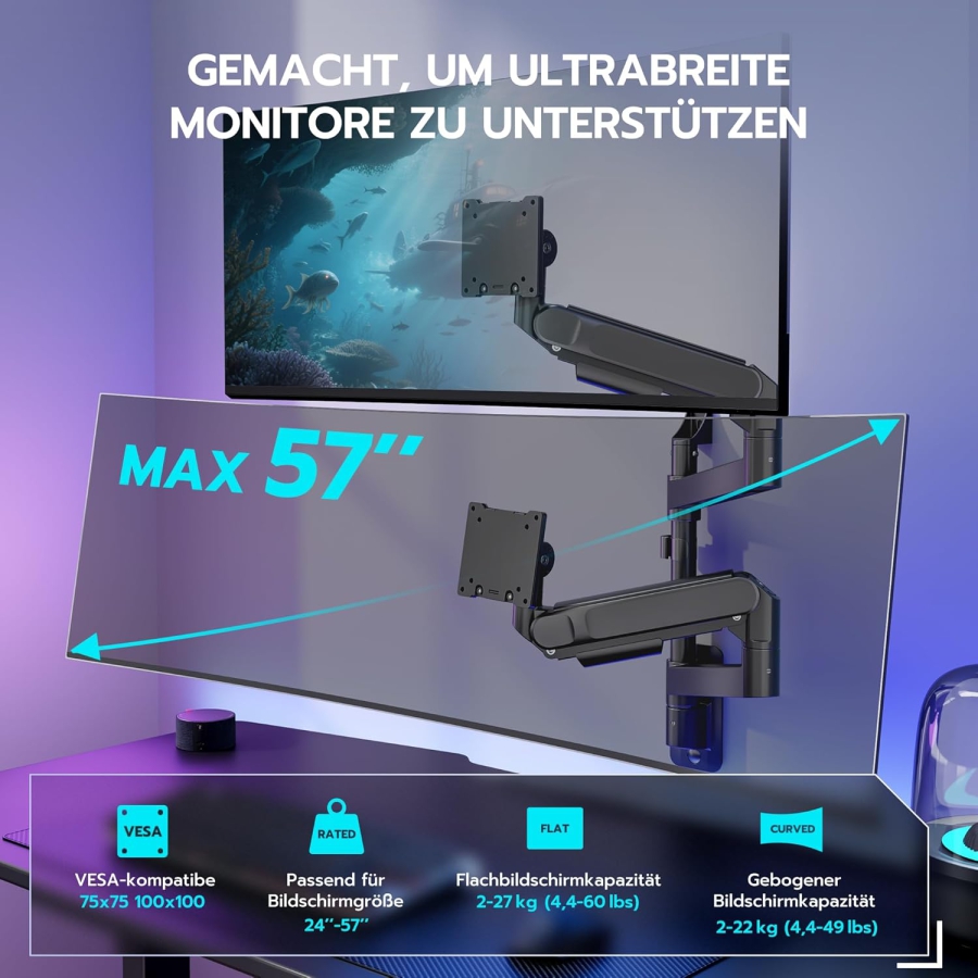 ARES WING Soporte de Pared Doble Monitor 24-57" – Resorte de Gas, 27kg por Brazo, VESA 75/100 (Soporte de pared premium para dos pantallas Ultrawide y curvas: Máxima estabilidad para tu setup de alta gama.)