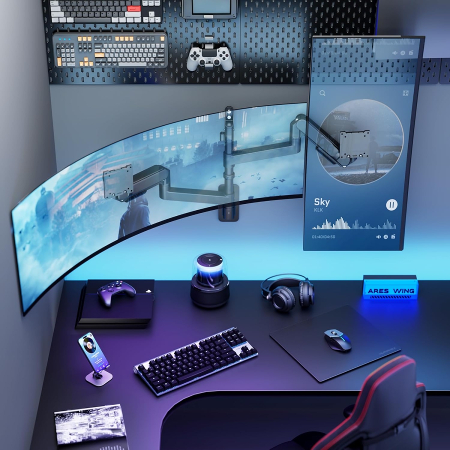 ARES WING Soporte de Pared Doble Monitor 24-57" – Resorte de Gas, 27kg por Brazo, VESA 75/100 (Soporte de pared premium para dos pantallas Ultrawide y curvas: Máxima estabilidad para tu setup de alta gama.)