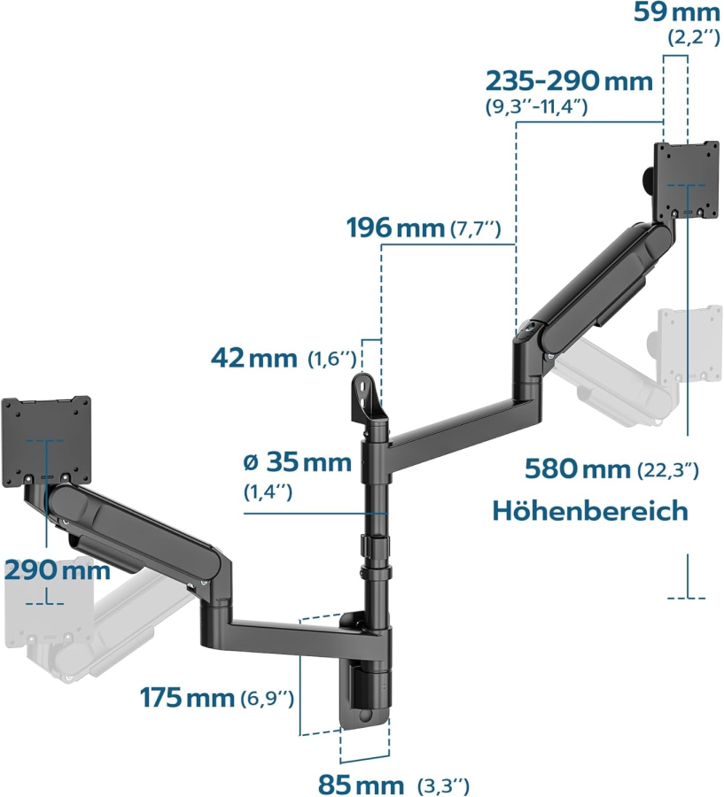ARES WING Soporte de Pared Doble Monitor 24-57" – Resorte de Gas, 27kg por Brazo, VESA 75/100 (Soporte de pared premium para dos pantallas Ultrawide y curvas: Máxima estabilidad para tu setup de alta gama.)