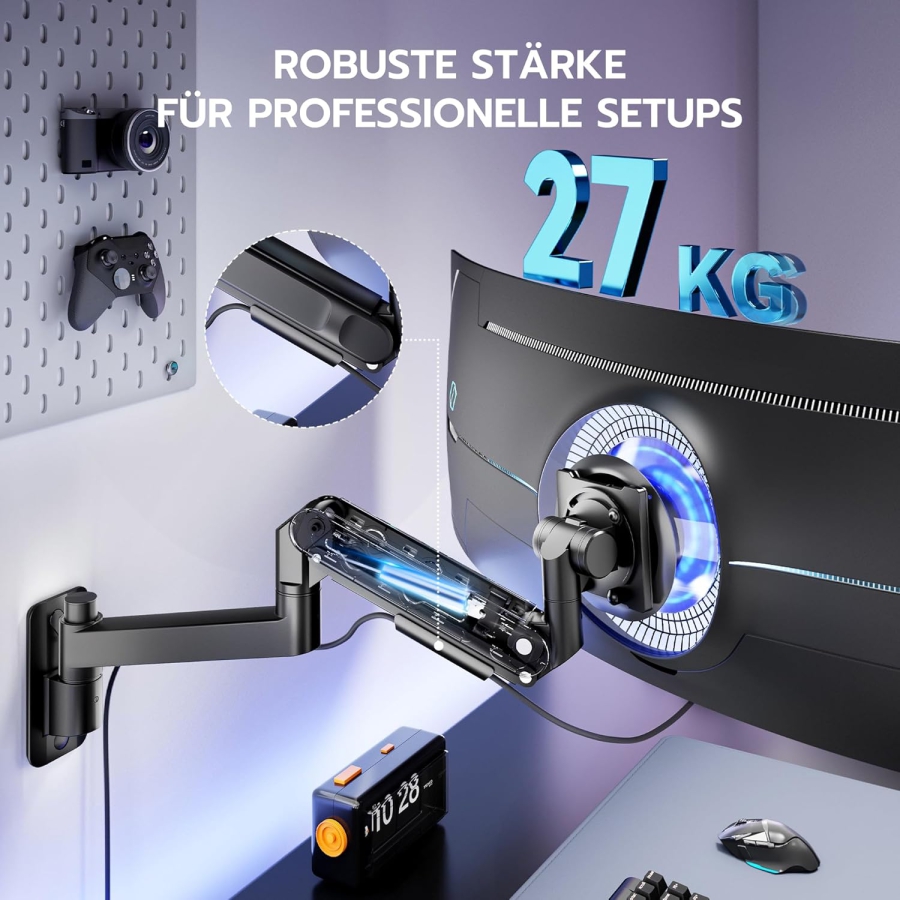 ARES WING Soporte de Pared para Monitor 24-57" (hasta 27 kg) – Resorte de Gas (Brazo de pared Heavy Duty para pantallas Ultrawide y curvas.)