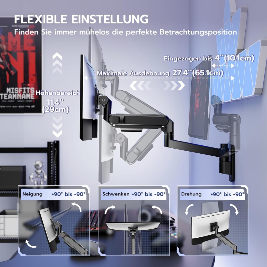 ARES WING Soporte de Pared para Monitor 24-57" (hasta 27 kg) – Resorte de Gas (Brazo de pared Heavy Duty para pantallas Ultrawide y curvas.)