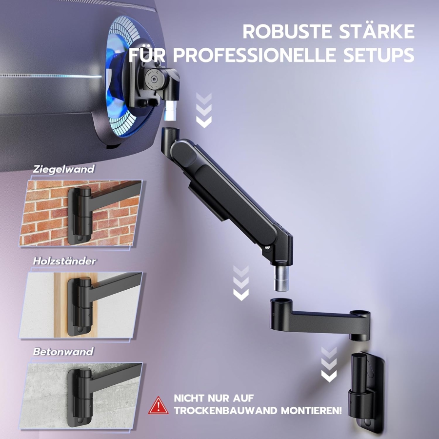 ARES WING Soporte de Pared para Monitor 24-57" (hasta 27 kg) – Resorte de Gas (Brazo de pared Heavy Duty para pantallas Ultrawide y curvas.)