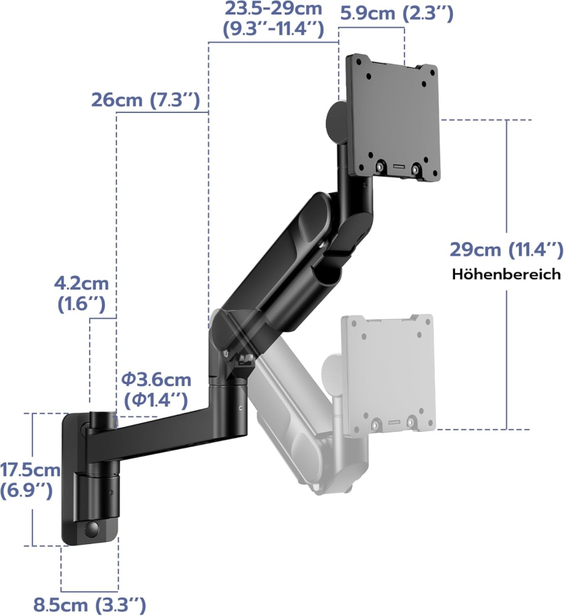 ARES WING Soporte de Pared para Monitor 24-57" (hasta 27 kg) – Resorte de Gas (Brazo de pared Heavy Duty para pantallas Ultrawide y curvas.)