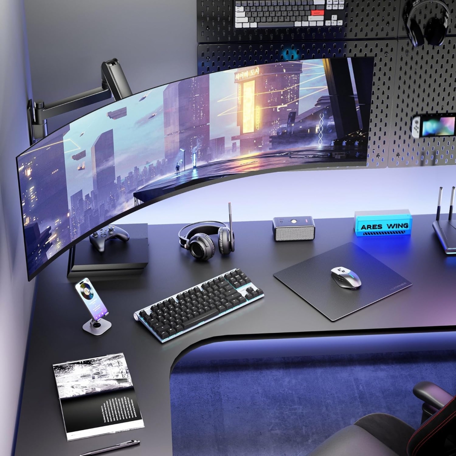 ARES WING Soporte de Pared para Monitor 24-57" (hasta 27 kg) – Resorte de Gas (Brazo de pared Heavy Duty para pantallas Ultrawide y curvas.)