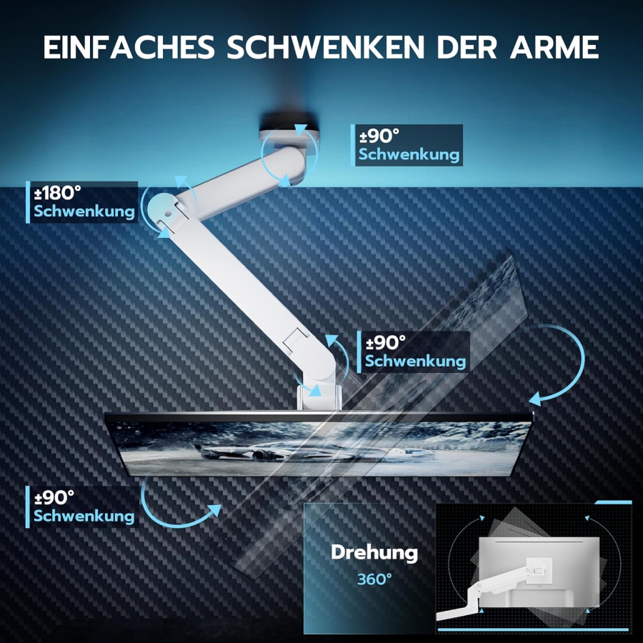 ARES WING Soporte de Pared para Monitor Heavy Duty (Blanco) para 17–49 Pulgadas (Perfecto para Monitores Ultrawide y Curvos. Brazo de Resorte de Gas con Capacidad de Carga de 20 kg)