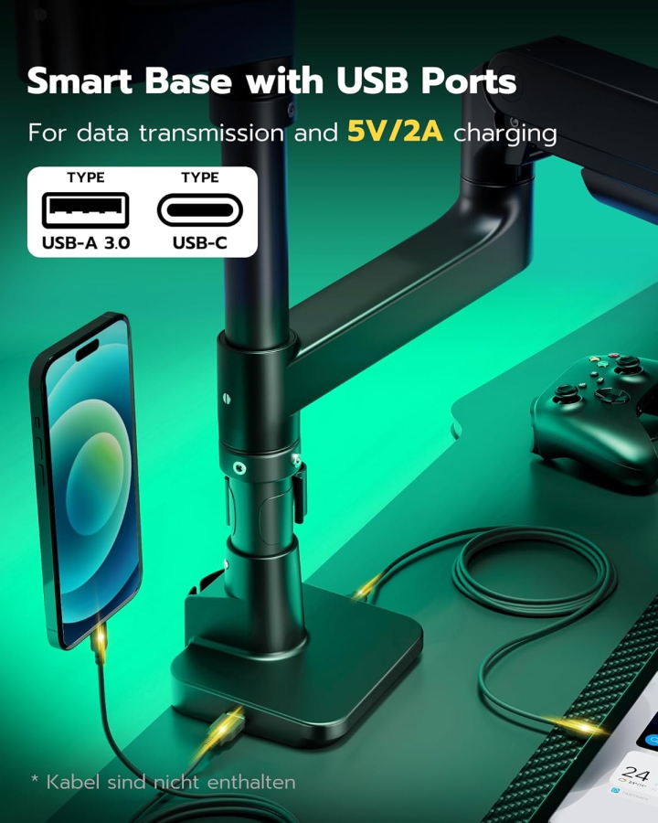 ARES WING Soporte para Doble Monitor 2 Monitores de 17-49 Pulgadas (Máx. 20 kg/Brazo) – Apilados y Lado a Lado, Puertos USB A/C, Resorte de Gas – VESA 75/100 (Brazo de monitor doble Heavy Duty: 20 kg de capacidad de carga por brazo, hub USB integrado y montaje desde arriba (Top-Side).)