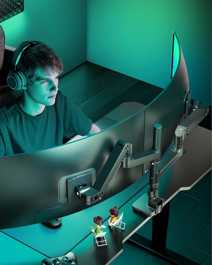 ARES WING Soporte para Doble Monitor 2 Monitores de 17-49 Pulgadas (Máx. 20 kg/Brazo) – Apilados y Lado a Lado, Puertos USB A/C, Resorte de Gas – VESA 75/100 (Brazo de monitor doble Heavy Duty: 20 kg de capacidad de carga por brazo, hub USB integrado y montaje desde arriba (Top-Side).)