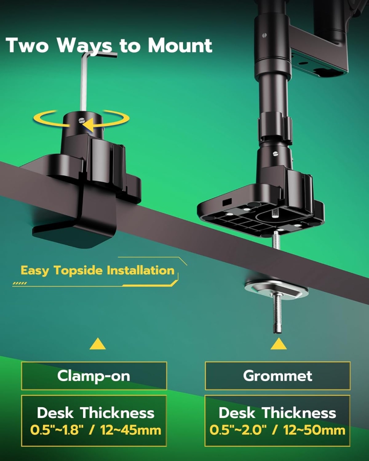 ARES WING Soporte para Doble Monitor 2 Monitores de 17-49 Pulgadas (Máx. 20 kg/Brazo) – Apilados y Lado a Lado, Puertos USB A/C, Resorte de Gas – VESA 75/100 (Brazo de monitor doble Heavy Duty: 20 kg de capacidad de carga por brazo, hub USB integrado y montaje desde arriba (Top-Side).)