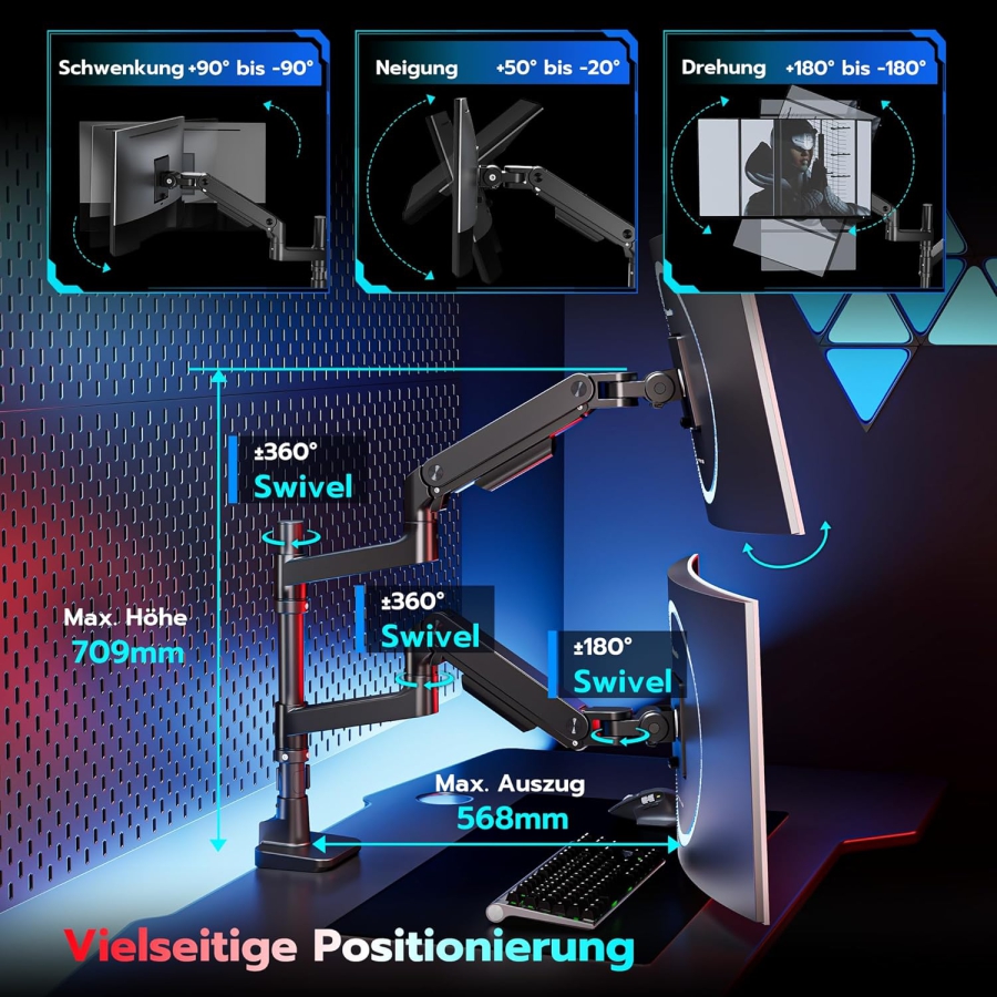 ARES WING Soporte para Doble Monitor de 17–49 Pulgadas (Vertical y Horizontal) (Sistema de resorte de gas Heavy Duty para dos monitores de hasta 20 kg cada uno – Apilables o lado a lado.)