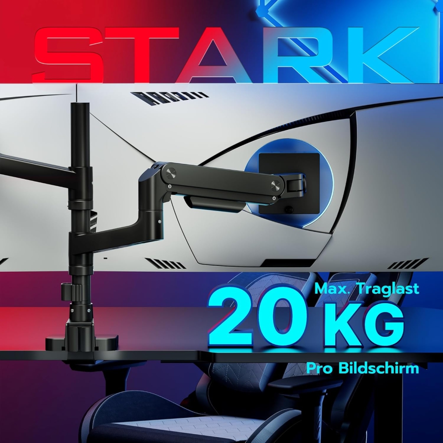 ARES WING Soporte para Doble Monitor de 17–49 Pulgadas (Vertical y Horizontal) (Sistema de resorte de gas Heavy Duty para dos monitores de hasta 20 kg cada uno – Apilables o lado a lado.)