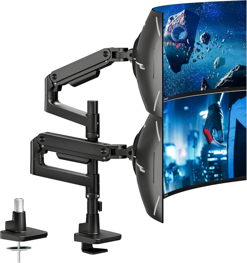 ARES WING Soporte para Doble Monitor de 17–49 Pulgadas (Vertical y Horizontal) (Sistema de resorte de gas Heavy Duty para dos monitores de hasta 20 kg cada uno – Apilables o lado a lado.)