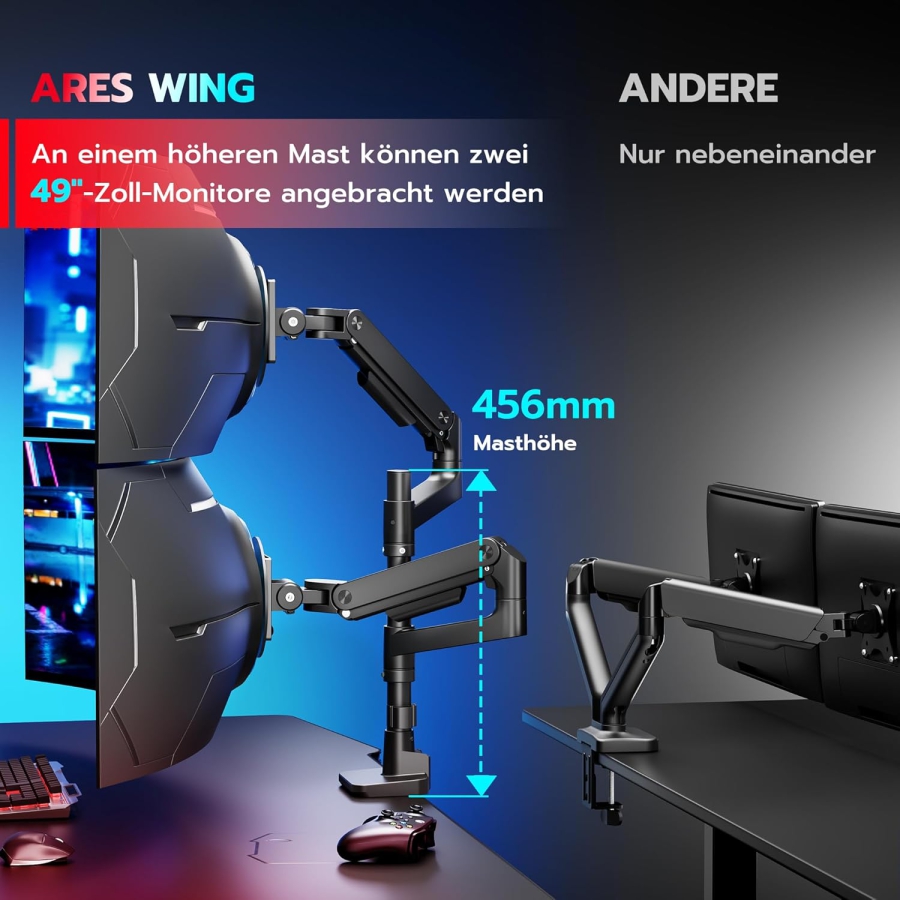 ARES WING Soporte para Doble Monitor de 17–49 Pulgadas (Vertical y Horizontal) (Sistema de resorte de gas Heavy Duty para dos monitores de hasta 20 kg cada uno – Apilables o lado a lado.)