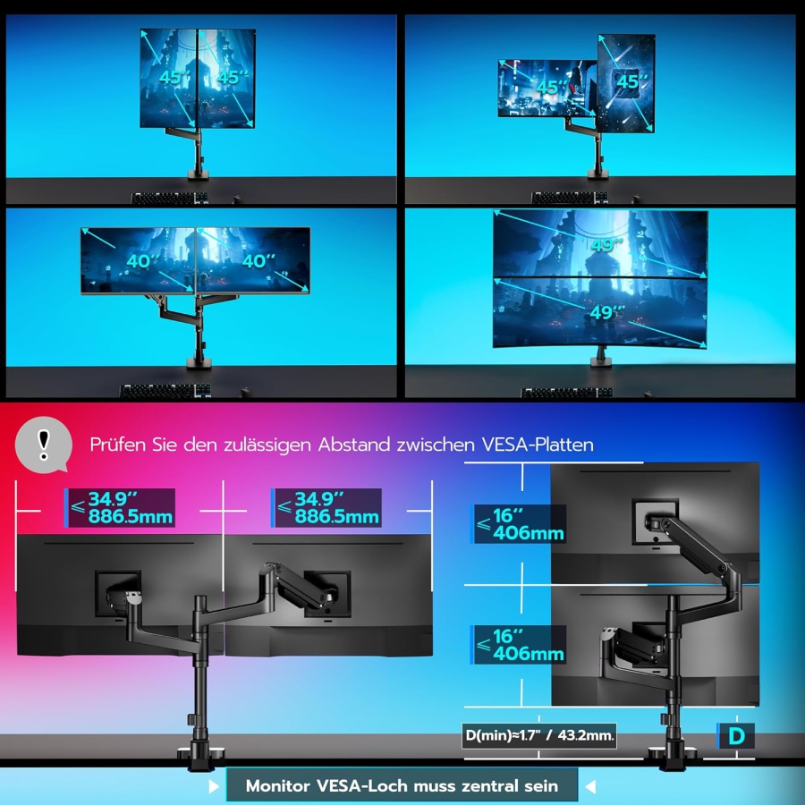 ARES WING Soporte para Doble Monitor de 17–49 Pulgadas (Vertical y Horizontal) (Sistema de resorte de gas Heavy Duty para dos monitores de hasta 20 kg cada uno – Apilables o lado a lado.)