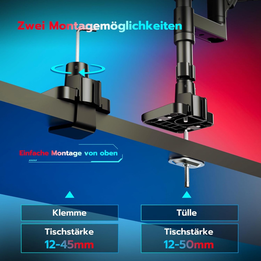 ARES WING Soporte para Doble Monitor de 17–49 Pulgadas (Vertical y Horizontal) (Sistema de resorte de gas Heavy Duty para dos monitores de hasta 20 kg cada uno – Apilables o lado a lado.)