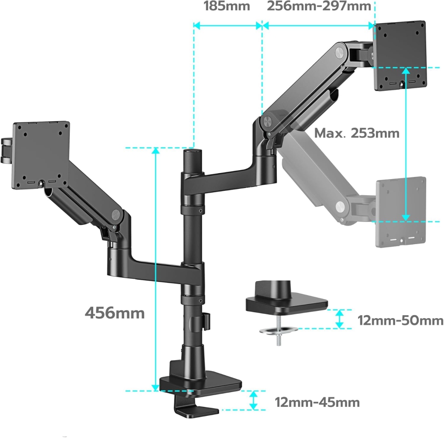 ARES WING Soporte para Doble Monitor de 17–49 Pulgadas (Vertical y Horizontal) (Sistema de resorte de gas Heavy Duty para dos monitores de hasta 20 kg cada uno – Apilables o lado a lado.)