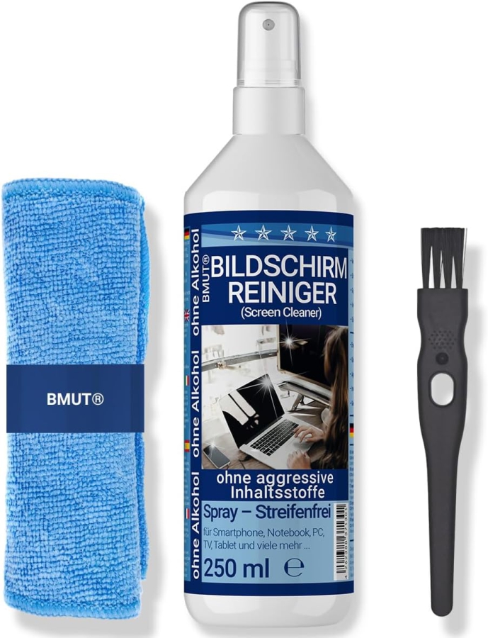 BMUT Premium Kit de Limpieza de Pantallas (250ml) incl. Paño de Microfibra XXL y Pincel (Made in Germany: Limpieza sin rayas para LCD, OLED, TV y Móviles – Sin alcohol contra huellas dactilares.)
