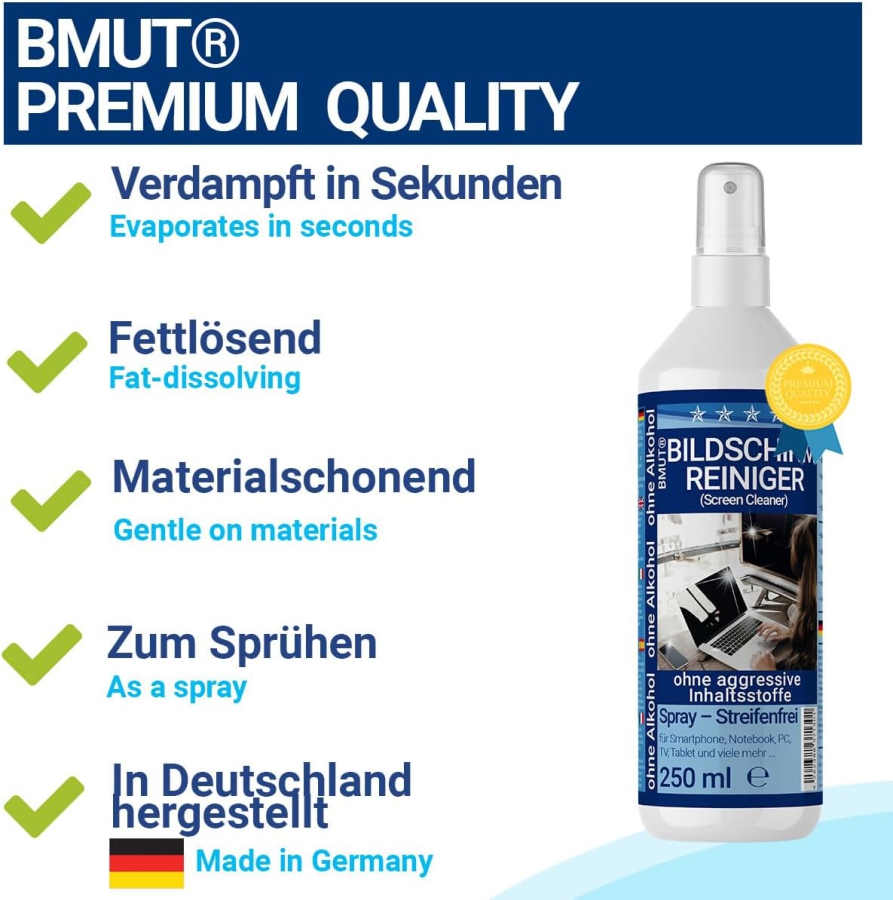 BMUT Premium Kit de Limpieza de Pantallas (250ml) incl. Paño de Microfibra XXL y Pincel (Made in Germany: Limpieza sin rayas para LCD, OLED, TV y Móviles – Sin alcohol contra huellas dactilares.)