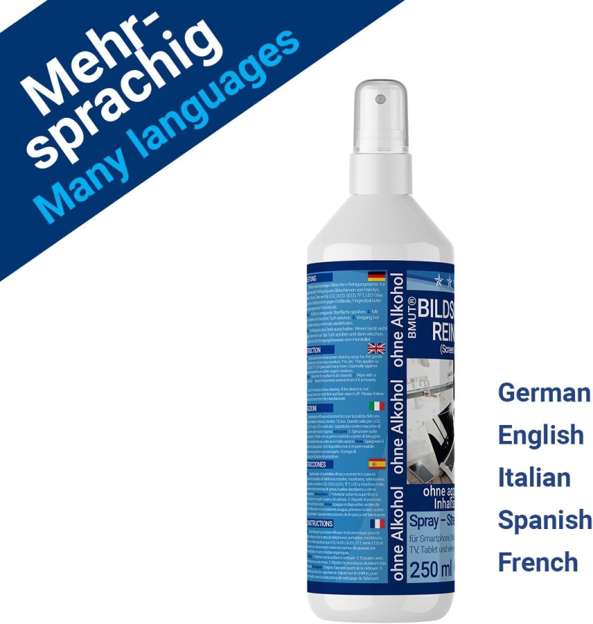 BMUT Premium Kit de Limpieza de Pantallas (250ml) incl. Paño de Microfibra XXL y Pincel (Made in Germany: Limpieza sin rayas para LCD, OLED, TV y Móviles – Sin alcohol contra huellas dactilares.)
