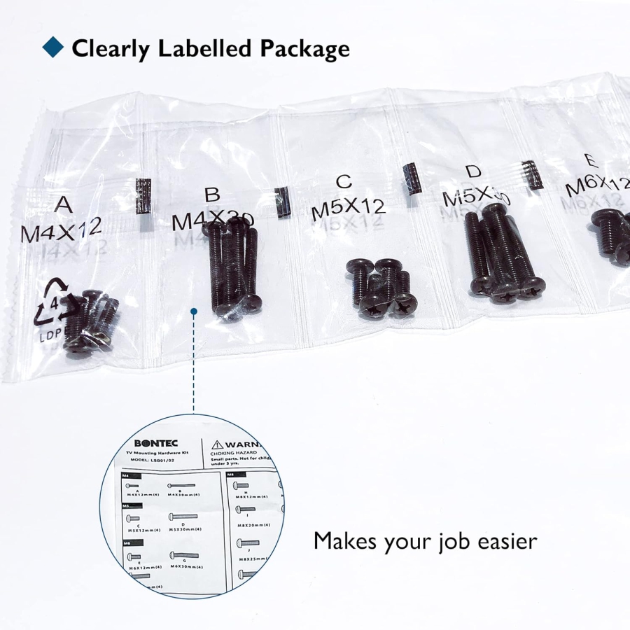 BONTEC Juego de Tornillos VESA Universales para TV de hasta 80 Pulgadas (M4, M5, M6, M8) (Kit de montaje completo para soportes de pared y pie – Incluye espaciadores y arandelas)