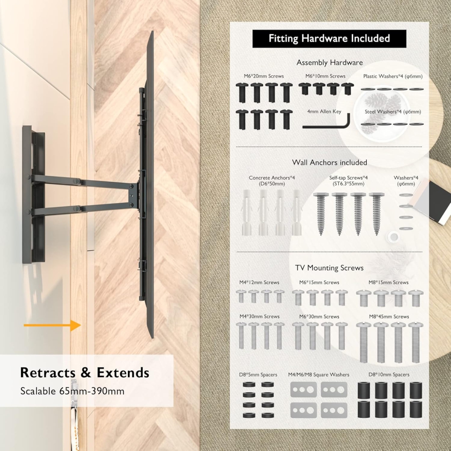 BONTEC Soporte de Pared para TV Giratorio e Inclinable para 32-85 Pulgadas (Máx. 60 kg) (Soporte estable de doble brazo para TV planas y curvas – VESA 600x400, Extensible hasta 39 cm.)