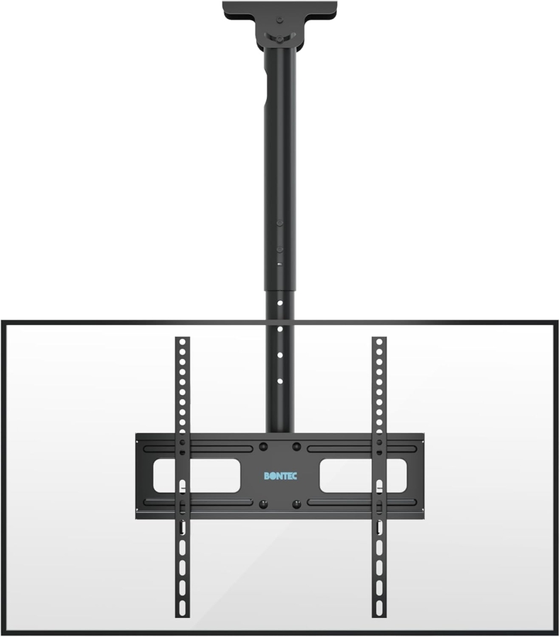 BONTEC Soporte de Techo para TV de 26–65 Pulgadas (Inclinable, Giratorio y para Techos Inclinados) (Montaje en techo ajustable en altura hasta 45 kg – Ideal para cine en casa, oficinas y techos inclinados.)