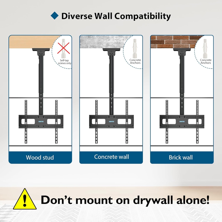 BONTEC Soporte de Techo para TV de 26–65 Pulgadas (Inclinable, Giratorio y para Techos Inclinados) (Montaje en techo ajustable en altura hasta 45 kg – Ideal para cine en casa, oficinas y techos inclinados.)