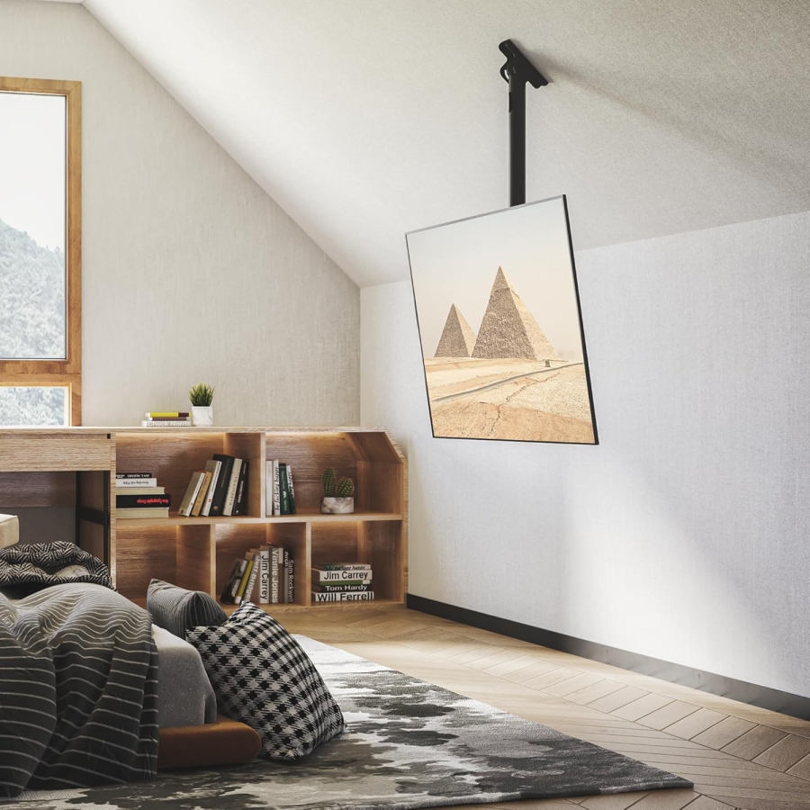 BONTEC Soporte de Techo para TV de 26–65 Pulgadas (Inclinable, Giratorio y para Techos Inclinados) (Montaje en techo ajustable en altura hasta 45 kg – Ideal para cine en casa, oficinas y techos inclinados.)