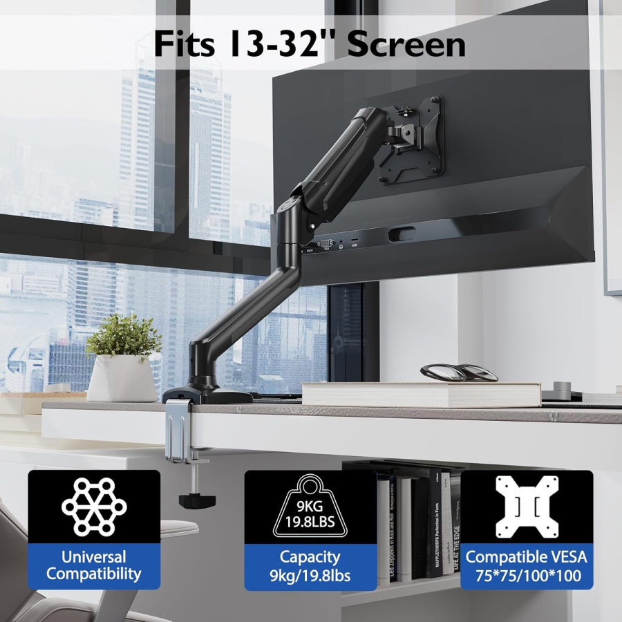 BONTEC Soporte para 1 monitor de 13-32 pulgadas, hasta 9 kg, Totalmente móvil y ajustable