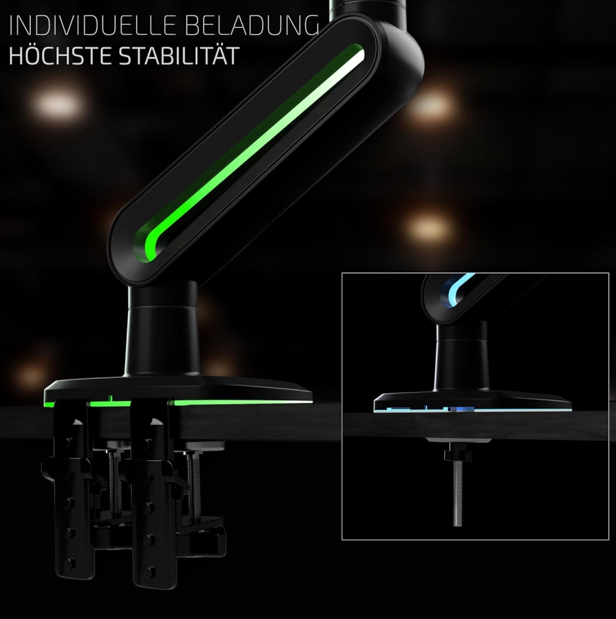 Brazo de monitor RGB Invision Vortex VR200 27–57" | hasta 18 kg (La Actualización Definitiva para Su Battle-Station: Brazo Heavy Duty de hasta 18 kg con Iluminación RGB Inmersiva)